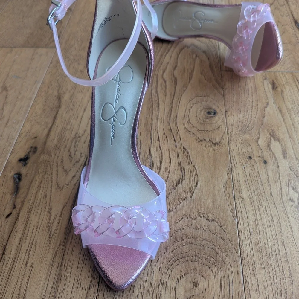 Jessica Simpson Wayri Sandals Metallic Pink‎ Clear Chain Strap Stiletto Heels 7M